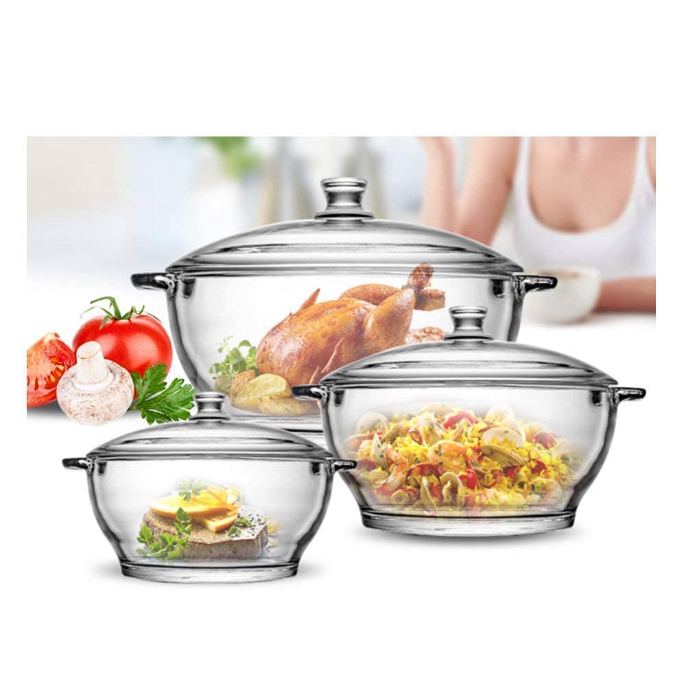 Dyomnizy Microwave Oven Safe Serving Bowl With Lid, Tempered Glass, For Rice And Boiling Food, 1000 Ml, Set Of 3